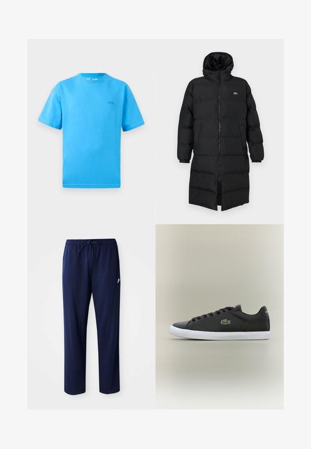 Casaco puffer preto com capuz, apresentando um fecho de correr completo, mangas longas e um design até ao joelho. Textura suave e acolchoada com detalhe do logotipo.; T-shirt de algodão azul claro com mangas curtas, decote redondo e um pequeno logótipo no lado esquerdo do peito. Textura suave e ajuste clássico.; Calças de jogging leve, de cor azul marinho, feitas de um tecido misto de algodão. Apresentam uma cintura com cordão e um pequeno logotipo no lado esquerdo.; Tênis de couro preto com sola de borracha branca, apresentando um logotipo de crocodilo verde e cadarços redondos, design elegante com textura suave.