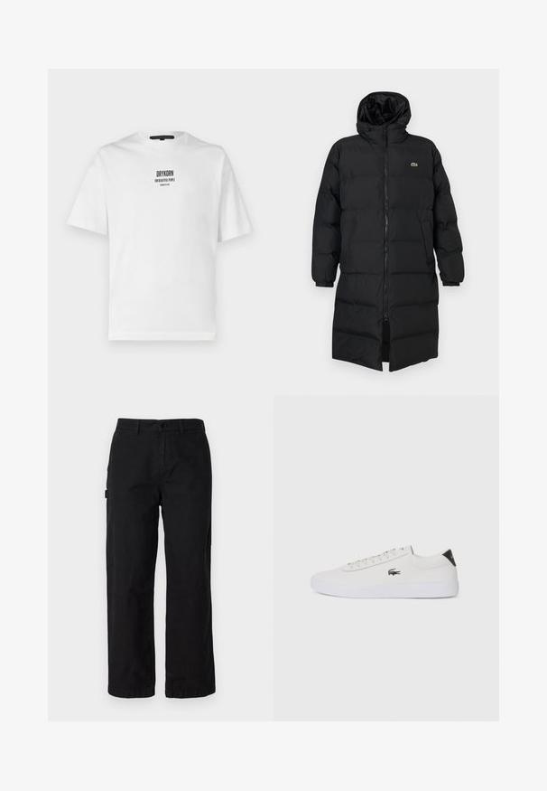 Fekete, kapucnis puffertakó, teljes cipzárral, hosszú ujjakkal és térd hosszig érő fazonnal. Puha, steppelt textúra logó részlettel.; Fehér pamut póló rövid ujjakkal, kerek nyakkivágással és fekete nyomtatott szöveggel: "DRYKORN FOR BEAUTIFUL PEOPLE" az elején.; Fekete pamut cargo nadrág egyenes lábvonallal, oldalzsebekkel és elülső gombos záródással. Tartós anyag, sima textúrával.; Fehér bőr sportcipő kerek orral, fűzős elülső résszel és fekete sarok akcentussal. Oldalán egy kis hímzett krokodil logóval rendelkezik.