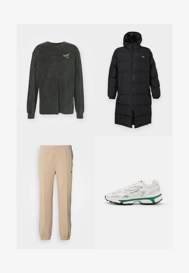 Schwarze Daunenjacke mit Kapuze, ausgestattet mit einem vollen Reißverschluss, langen Ärmeln und einem knielangen Schnitt. Weiche, gesteppten Textur mit Logodetail.; Schwarzes Langarm-T-Shirt aus weichem Stoff mit leicht strukturiertem Finish. Mit grünem Nike-Logo und einer kleinen Grafik auf der Brust.; Lacoste Jogginghose - viennese; Weißer Sneaker mit grünem Akzent und schwarzer Gummisohle. Verfügt über Netz- und Synthetikpaneele, mit einer strukturierten Oberfläche und sichtbaren Nähten.