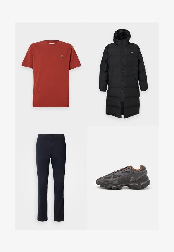 Fekete, kapucnis puffertakó, teljes cipzárral, hosszú ujjakkal és térd hosszig érő fazonnal. Puha, steppelt textúra logó részlettel.; Piros pamut póló kerek nyakkal és rövid ujjakkal, bal mellen egy kicsi zöld krokodil logóval. Simább textúrájú.; Sötétkék nadrág sima anyagból, egyenes szárú kialakítással, övhurkokkal és gombos záródással, cipzáras kivitelben.; Sötét szürke Lacoste sportcipők hálós és szintetikus anyagból, textúrázott talppal és barna díszítésekkel a nyak részen és a logón.