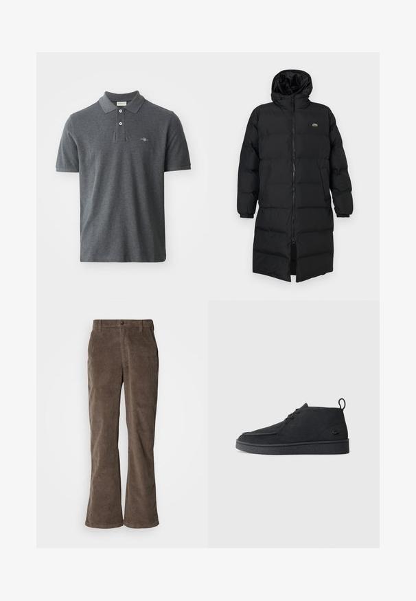 Mustahomeinen musta untuvatakki hupulla, jossa on täysipitkä vetoketju, pitkät hihat ja polvenpituinen malli. Pehmeä, tikkikuvioitu pinta logotiedolla.; Tummanharmaa polo-paita, joka on valmistettu puuvillasta. Siinä on klassinen kaulus, kolmella napilla varustettu pönkkä, lyhyet hihat ja pieni brodeerattu logo rinnassa.; Ruskeat korotetut corduroyhousut, joissa on väljät lahkeet, päällekkäin neulottuja pystyrivistöjä, nappikiinnitys ja tavanomainen vyötärö vyölenkeillä.; Mustat mokka nauhalla suljettavat nilkkasaappaat, joissa on vetotappi ja teksturoitu pohja, sekä pieni kohokuvioitu krokotiililogo sivulla.