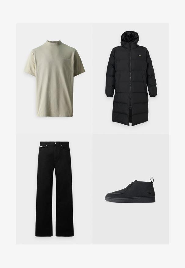 Melna pūkaina jaka ar kapuci, kas aprīkota ar pilnu rāvējslēdzēju, garām piedurknēm un ceļgala garuma dizainu. Mīksta, quiltēta tekstūra ar logotipa detaļu.; Samsøe Samsøe NORSBRO - Pamata T-krekls - taupe; Melni džinsi ar platajiem bikšu dizainu, ar piecām kabatām un metāla pogām. Gluda tekstūra, bez redzamām rakstu detaļām.; Melna zamša kurpīte ar auklēm līdz potītei, ar ievelkamu cilpu un struktūru zoli, kurai sānos ir neliels, reljefs krokodila logo.
