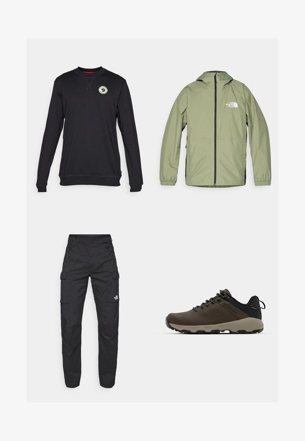 Lightweight, olive green jacket with a hood, elastic cuffs, full zipper front, and The North Face logo on the chest. Streamlined design.; Black long-sleeve sweatshirt with a round neckline, featuring a chest logo, ribbed cuffs, and a solid texture. Red interior collar detail.; The North Face EXPLORATION PANTS - Cargo trousers - black; Brown waterproof sneakers with a textured upper, perforated accents, black heel support, and a grey rubber sole. Laces are styled with metallic ends.
