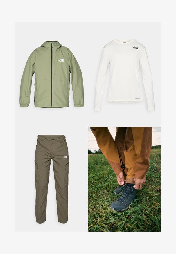 Lightweight, olive green jacket with a hood, elastic cuffs, full zipper front, and The North Face logo on the chest. Streamlined design.; White long-sleeve shirt with a round neck, textured fabric, black logo on the left shoulder, and subtle branding at the bottom.; Olive green outdoor pants made of lightweight fabric, featuring cargo pockets, zipper accents, and a logo on the upper thigh.; Black hiking boots with textured uppers and laces, worn with brown waterproof pants, set in green grass under a cloudy sky.