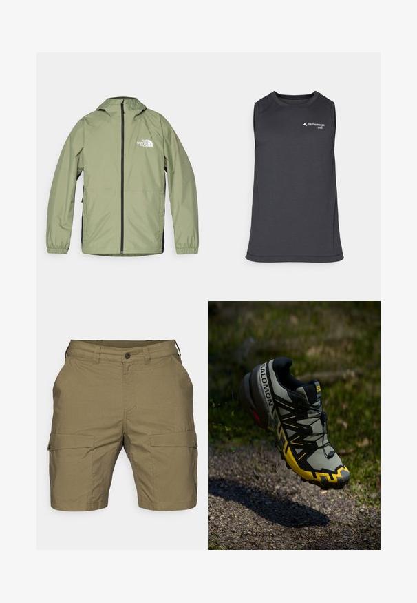 Lahka, olivno zelena jakna s kapuco, elastičnimi manšetami, celotnim zadrgo spredaj in logotipom The North Face na prsih. Poenostavljen dizajn.; Bezrokavnik temno sive barve iz športnega blaga, z obrobljenim ovratnikom in majhnim logotipom na sprednji strani.; Kratke hlače v olivno zeleni barvi, z gumbom za zapiranje, dvema sprednjima žepoma in dvema stranskima žepoma za tovor s pokrovi. Teksturni material.; Salomon teka za trail tek v stisnjenem sivo odtenku z svetlo rumenimi detajli. Ima teksturirano podplat, varen sistem zavezovanja in oblazinjeno ovratnik.