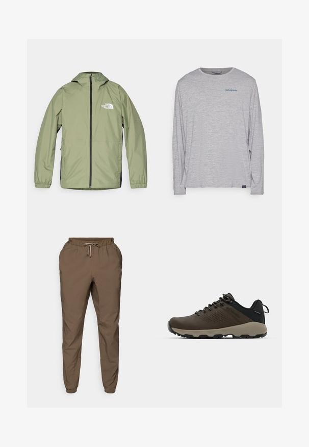 Lahka, olivno zelena jakna s kapuco, elastičnimi manšetami, celotnim zadrgo spredaj in logotipom The North Face na prsih. Poenostavljen dizajn.; Svetlo siva majica dugih rukava od mekog, teksturiranog materijala. Ima okrugli izrez i mali plavi Patagonia logo na grudima.; Braje jogger hlače z elastičnim pasom in vrvico, s tapered nogami in diskretnim sijajem, narejene iz lahke, gladke tkanine.; Rjave vodoodporne superge z teksturiranim zgornjim delom, perforiranimi detajli, črno podporo za peto in sivo gumijasto podlogo. Šnure imajo metalne konice.