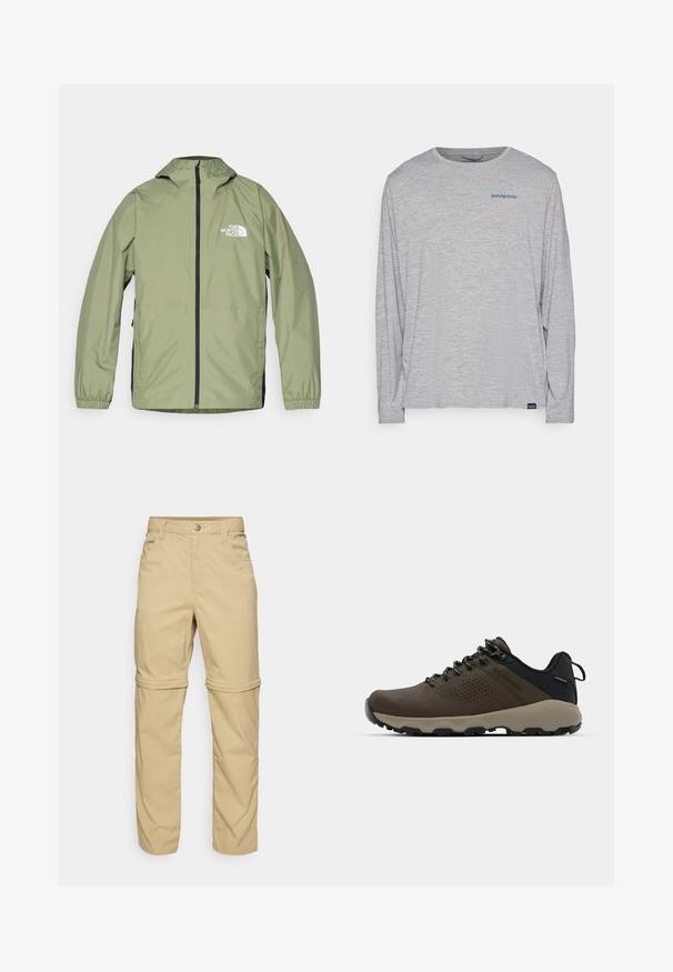Lagani, maslinasto zeleni jakna s kapuljačom, elastičnim manžetama, punim patentnim zatvaračem sprijeda i logotipom The North Face na prsima. Potpuno pojednostavljen dizajn.; Svijetlosivi dugi rukav majica od mekanog, teksturiranog materijala. Ima okrugli izrez i mali plavi Patagonia logo na prsima.; Bež hlače s patentnim zatvaračem i glatkom teksturom, s dva bočna džepa, dugmetom za zatvaranje i preklopnim manžetama za svestranost.; Smeđe vodootporne tenisice s teksturiranom gornjom i perforiranim detaljima, crnom potporom za petu i sivim gumiranim potplatom. Čipke su stilizirane s metalnim krajevima.