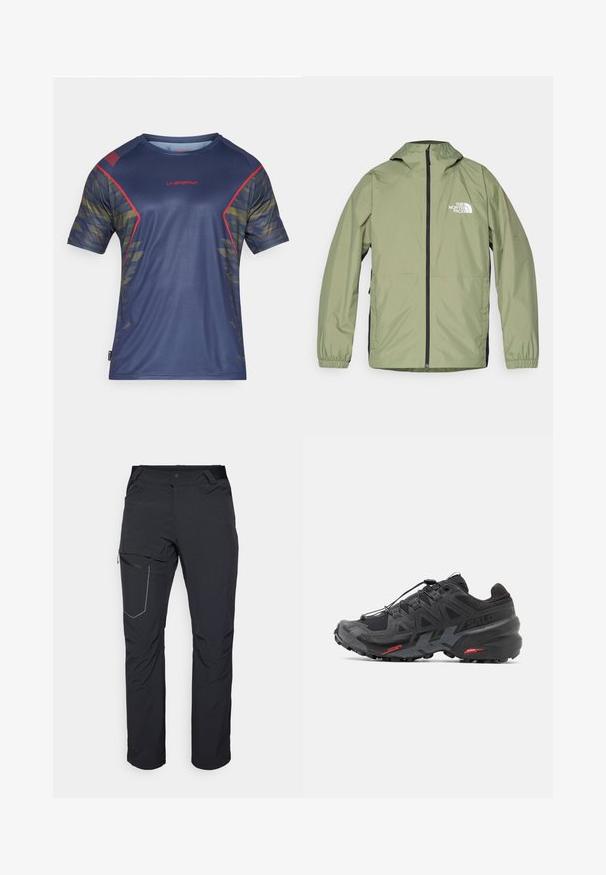 Könnyű, olíva zöld dzseki kapucnival, rugalmas mandzsettákkal, teljes cipzárral elöl, és a The North Face logójával a mellkason. Letisztult dizájn.; Rövid ujjú sötétkék sportpóló piros kiegészítőkkel, zöld és sárga geometrikus mintával. Nedvességelvezető anyagból készült.; Fekete kültéri nadrág, cipzáras combzsebbel, rugalmas derékrésszel és sima, vízlepergető szövettel. Tiszta dizájn, látható logók nélkül.; Fekete futócipő szintetikus felsőrésszel, textúrázott dizájnnal és kontrasztos piros kiegészítőkkel. Biztosított fűzőrendszerrel és robosztus talppal rendelkezik.