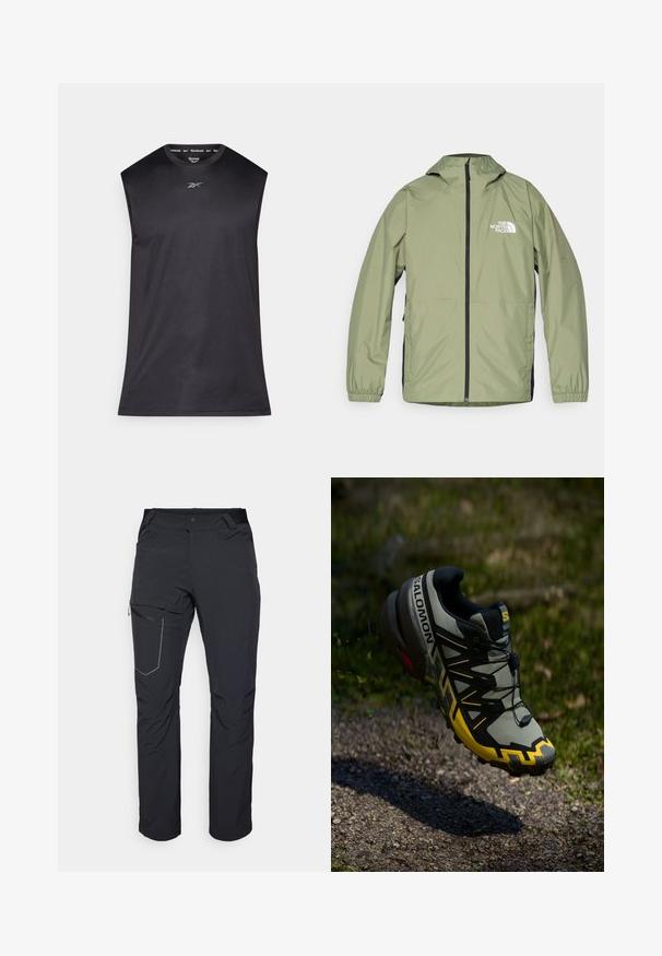 Lahka, olivno zelena jakna s kapuco, elastičnimi manšetami, celotnim zadrgo spredaj in logotipom The North Face na prsih. Poenostavljen dizajn.; Črna brezrokavna športna majica z okroglim ovratnikom, izdelana iz gladkega, lahkega materiala; na prsih ima majhen logotip Reebok.; Črne zunanje hlače z žepom na stegnu z zadrgo, elastičnim pasom in gladkim, vodoodpornim materialom. Čist dizajn brez vidnih logotipov.; Salomon teka za trail tek v stisnjenem sivo odtenku z svetlo rumenimi detajli. Ima teksturirano podplat, varen sistem zavezovanja in oblazinjeno ovratnik.