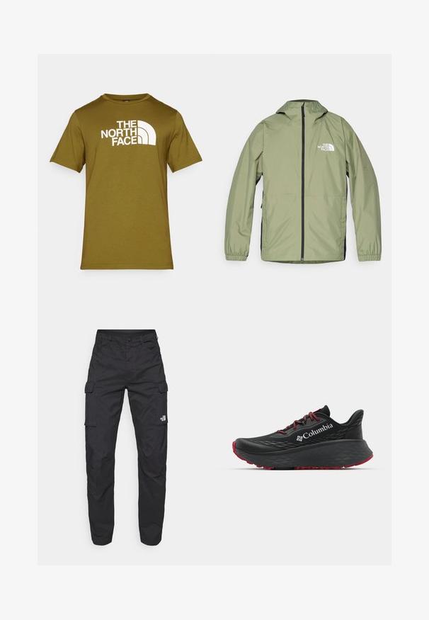 Lekka, oliwkowa kurtka z kapturem, elastycznymi mankietami, pełnym zamkiem z przodu i logo The North Face na klatce piersiowej. Strzałkowy design.; Oliwkowa bawełniana koszulka z białym nadrukiem logo "THE NORTH FACE" oraz zaokrąglonymi elementami designu na przodzie. Okrągły dekolt, krótkie rękawy.; The North Face - Bojówki; Czarny sportowy but z teksturowaną cholewką, czerwonymi sznurówkami i logo. Gruba podeszwa z wzorzystym bieżnikiem dla lepszej przyczepności. Minimalistyczny design, widok z boku.