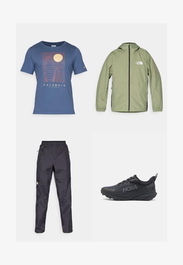 Lengvas, alyvuogių spalvos džemperis su kapišonu, elastingomis rankovėmis, pilnu užtrauktuku priekyje ir The North Face logotipu ant krūtinės. Kompaktiškas dizainas.; Columbia CSC™ SEASONAL LOGO TEE - Marškinėliai su spaudiniu - blue/dark blue; Juodi vandeniui atsparūs kelnių pagaminti iš lengvos tekstūruotos medžiagos. Yra elastinga juosmens juosta ir užtrauktuko kišenės.; Juodas Hoka bėgimo batelis su tinklu viršuje, tekstūruotais akcentais ir storu, paminkštintu padu su siaurėjančiais kraštais, užtikrinančiais geresnę atramą.