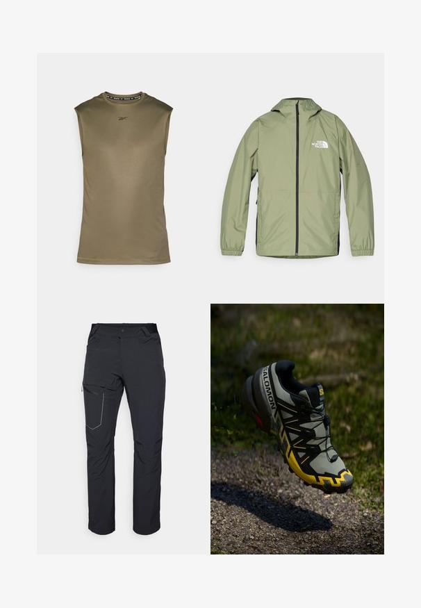 Let falde, olivengrøn jakke med hætte, elastiske mansjetter, fuld lynlås foran og The North Face-logoet på brystet. Strømlinet design.; Ermeløs atletisk top i olivengrøn, lavet af glat, letvægtsstof. Har et sort Reebok-logo og en rund halsudskæring.; Svarte udendørs bukser med en lynlåslomme på låret, elastisk talje og glat, vandafvisende stof. Rent design uden synlige logoer.; Salomon trail løbesko i dæmpet grå med lyse gule accenter. Har en struktureret sål, sikkert snøresystem og en polstret krave.