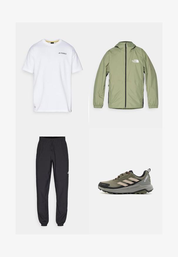 Lett, olivengrønn jakke med hette, elastiske mansjetter, hel glidelås foran og The North Face-logo på brystet. Strømlinjeformet design.; Hvit t-skjorte med korte ermer laget av bomull. Har en svart "TERREX"-logo på øvre venstre bryst og en gul indre krage.; Sorte idrettsbukser laget av lett stoff, med snor i livet, sidelommer og smale mansjetter ved anklene.; Trail løpesko i olivengrønn med svarte detaljer. Har tre hvite striper, teksturert stoff og en robust såle for godt grep.