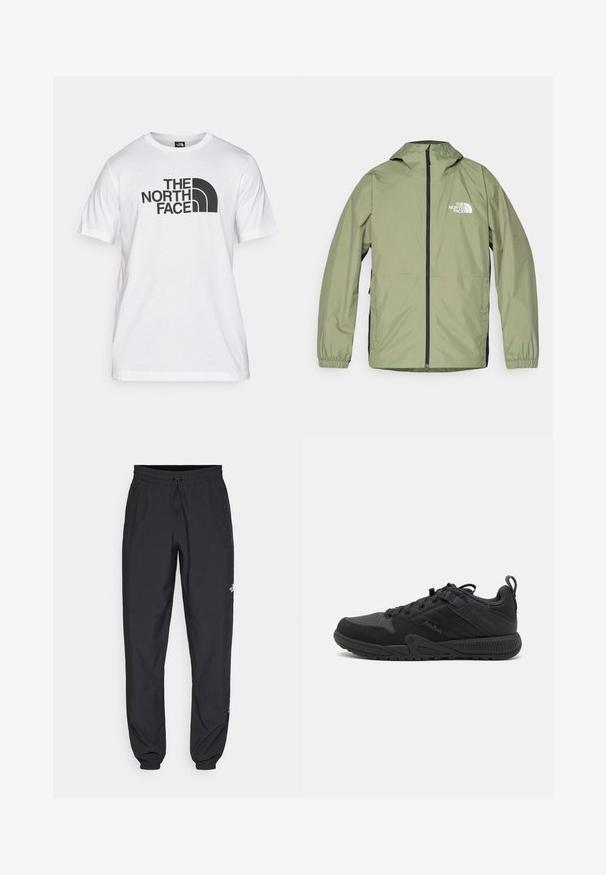 Lättviktsjacka i olivgrön färg med huva, elastiska ärmslut, hel dragkedja fram och The North Face-logotyp på bröstet. Strömlinjeformat design.; Vitt bomullströja med svart grafisk tryck som har text och en rundad logotypdesign. Rund halsringning och korta ärmar. Enslig textur.; Svarta träningsbyxor tillverkade av lättviktsmaterial, med dragsko i midjan, sidofickor och avsmalnande muddar vid anklarna.; Svart sportskor med ovandel i mesh och läder, med förstärkta områden, rund tå, texturerad sula och en dragflik vid hälen.