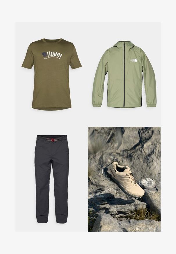 Let falde, olivengrøn jakke med hætte, elastiske mansjetter, fuld lynlås foran og The North Face-logoet på brystet. Strømlinet design.; Oliven grøn bomulds t-shirt, rund hals, korte ærmer, med hvid og marineblå trykte tekst og et logo på forsiden. Letvægtsstof.; Klättermusen ASAR PANT - Outdoorbukser - black; Beige Salomon trail løbesko i luften over en klippefyldt udendørs terræn med spredt græs og små sten.