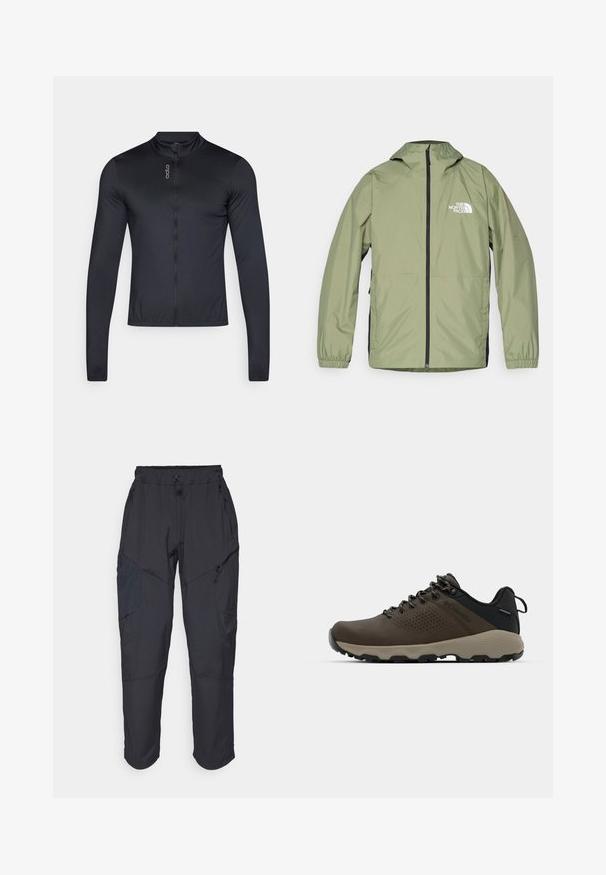 Veste légère vert olive avec capuche, poignets élastiques, fermeture éclair intégrale à l'avant et logo The North Face sur la poitrine. Design épuré.; Maillot de cyclisme à manches longues en noir, doté d'un col haut, d'un zip intégral et d'un tissu léger et respirant. Texture lisse avec un branding minimal.; Pantalons cargo noirs en matériau léger et résistant à l'eau ; dotés d'une taille élastique, de plusieurs poches zippées et de jambes fuselées.; Baskets imperméables marron avec une tige texturée, des accents perforés, un support de talon noir et une semelle en caoutchouc grise. Les lacets sont ornés d'embouts métalliques.
