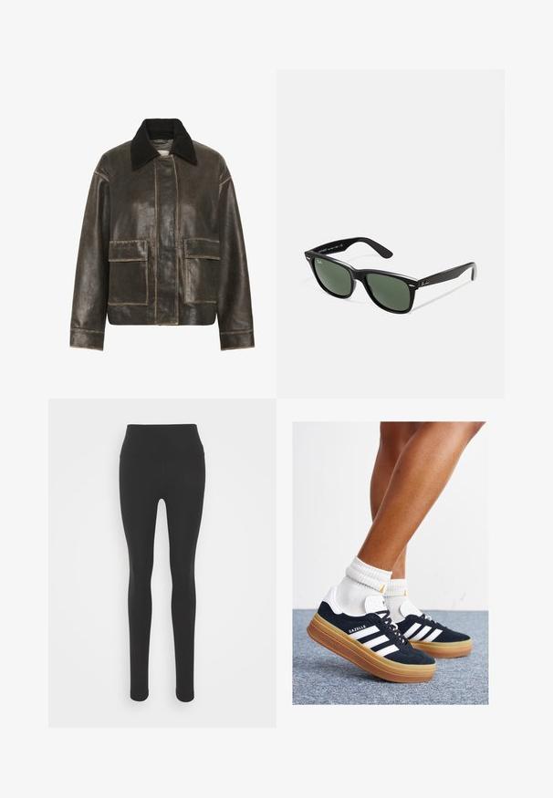 Giubbotto in pelle marrone con colletto in velluto a coste nero, design squadrato, due tasche anteriori a toppa e dettagli di cucitura visibili.; Maglione grigio chiaro a maniche lunghe con scollo a V e polsini e orlo a coste, esposto su uno sfondo bianco.; T-shirt a maniche corte di colore verde scuro con costine, scollo rotondo e una fila di cinque bottoni sul davanti. Tessuto morbido e design minimale.; Leggings neri con vita alta, realizzati in materiale liscio e elastico. Presentano un design aderente e gambe lunghe.; Sneakers in pelle scamosciata nera con strisce e dettagli bianchi, punta arrotondata, suola in gomma color gomme, abbinate a calzini bianchi a coste alla caviglia.; Occhiali da sole in plastica nera con lenti verdi, montatura quadrata, dettaglio argento sulla parte superiore e steli con texture. Marchio indicato sulla parte interna dello stelo.; Borsa a mano in pelle nera lucida con due manici superiori e una tracolla removibile, dotata di hardware in argento e chiusura con zip.