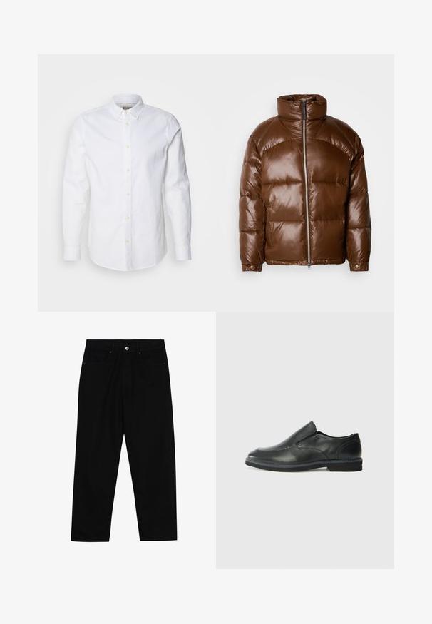 Scotch & Soda LACQUER PUFFER JACKET - Winterjas - demitasse; Witte blouse met lange mouwen van katoen, met een gestructureerde kraag, subtiele logo borduursel en lichtbruine knopen.; Zwarte denim broek met een recht gesneden pasvorm, vijf gebruikersvriendelijke zakken en een sluiting met een knoop aan de voorkant. Soepele textuur met minimale stikdetails.; Zwarte leren instapper met een soepele bovenkant, gestikte accenten, ronde neus en een lage rubberen hak. De zool heeft minimale profiel.