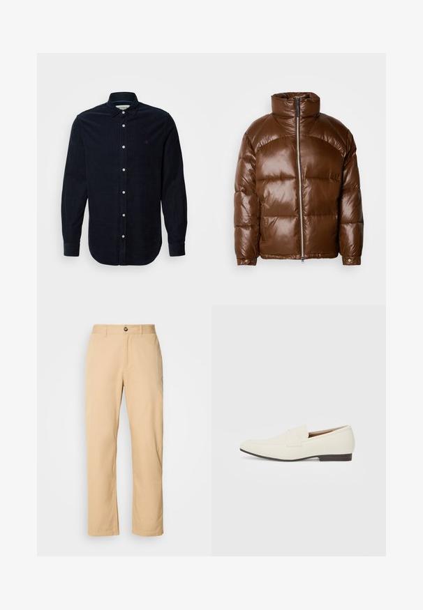 Scotch & Soda LACQUER PUFFER JACKET - Chaqueta de invierno - demitasse; Camisa de pana en color navy con mangas largas, cuello abotonado y cierre frontal de botones. Presenta un pequeño logotipo bordado en el pecho.; Pantalones de algodón khaki con un diseño de pierna recta, que cuentan con un cierre de botón en la parte frontal y lazos para el cinturón. Textura suave y superficie lisa.; Mocasines beige claro con puntera puntiaguda, material suave, una correa a través del empeine y una suela baja marrón. Diseño simple con acentos mínimos.