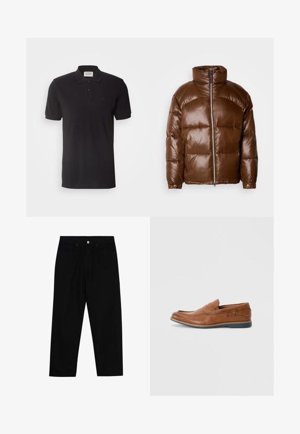 Scotch & Soda LACQUER PUFFER JACKET - Vinterjakke - demitasse; Scotch & Soda ESSENTIALS - Poloskjorter - black; Sorte denimbukser med rett benklipp, fem-lomme design og frontknappåpning. Jevn tekstur med minimale sømdetaljer.; Brune skinnloafers med rund tå, broderte detaljer og såle i gummi. Designet har et bånd over vristen.