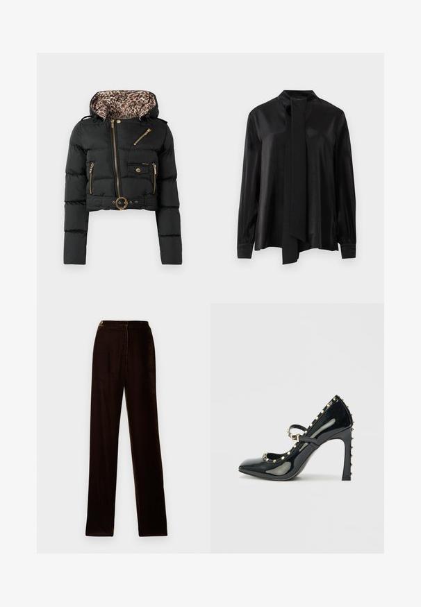 Jachetă puffer scurtă, neagră, cu căptușeală din blană de leopard la glugă, fermoare aurii, buzunar cu capse și talie ajustată cu curea și cataramă rotundă.; Bluză neagră cu mâneci lungi, guler înalt și cravată lungă atașată, realizată dintr-un material neted, ușor lucios.; Pantaloni din catifea maro, cu croială dreaptă, având o textură netedă și un luciu subtil, concepuți cu un talie standard și cusături laterale.; Sandalete cu toc înalt din piele patent neagră, cu vârf ascuțit, curea pentru gleznă și accente aurii încuiate de-a lungul marginilor.