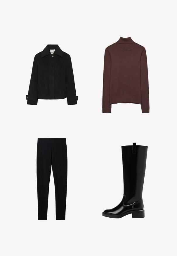 Veste noire en tissu doux avec un col classique, fermeture à bouton, poches latérales et détails aux poignets avec des boutons dorés.; Pull en col roulé marron en tissu doux, avec une coupe ajustée, un col et des poignets côtelés, et un ourlet légèrement cropped.; Leggings noirs extensibles avec une large ceinture douce, présentant une texture lisse et une silhouette ajustée, adaptés à diverses activités.; Bottes noires montantes avec une finition brillante, bout rond, petit talon carré et une languette à l'arrière. Les coutures mettent en valeur le design.