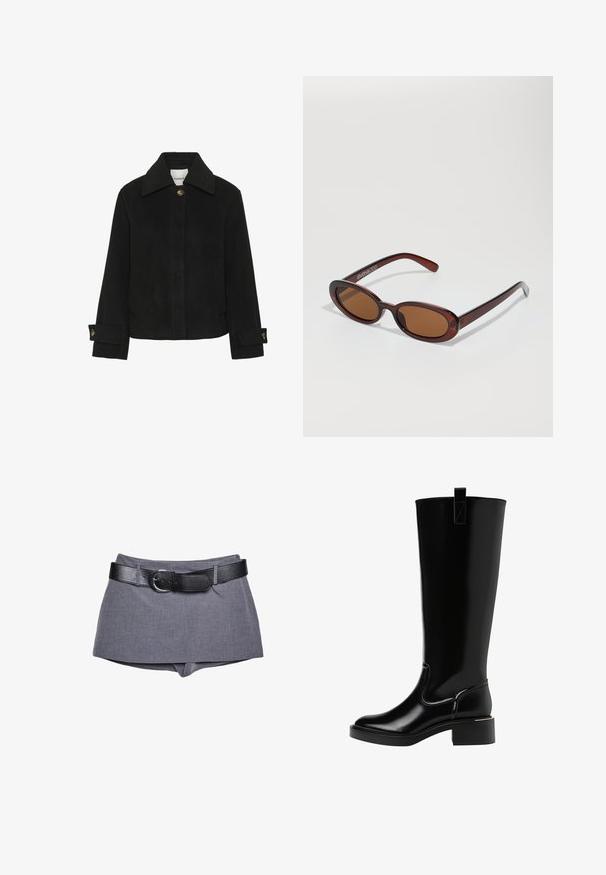 Czarna kurtka z miękkiego materiału, z klasycznym kołnierzem, zapinana na guziki z przodu, posiadająca boczne kieszenie oraz mankiety ozdobione guzikami w złotym odcieniu.; Czarny sweter z golfem wykonany z miękkiej dzianiny. Posiada długie rękawy oraz dopasowany krój z prostym wykończeniem.; Szare szorty z materiału z dopasowanym stanem, wyposażone w czarny skórzany pasek z klamrą. Gładka struktura, dopasowany krój i prosty fason.; Czarne kozaki do kolan o błyszczącej powierzchni, zaokrąglonym nosku, małym obcasie blokowym i pętelce z tyłu. Szczegóły szwów podkreślają design.; Okrągłe, brązowe okulary przeciwsłoneczne z błyszczącą bordową oprawą. Cienkie ramiona z subtelnym detalem marki. Płaski kształt soczewek.; Czarna pikowana torebka z logo w złotym trójkącie, z podwójnym łańcuchem i gładką skórzaną fakturą. Prostokątny kształt z klapką.