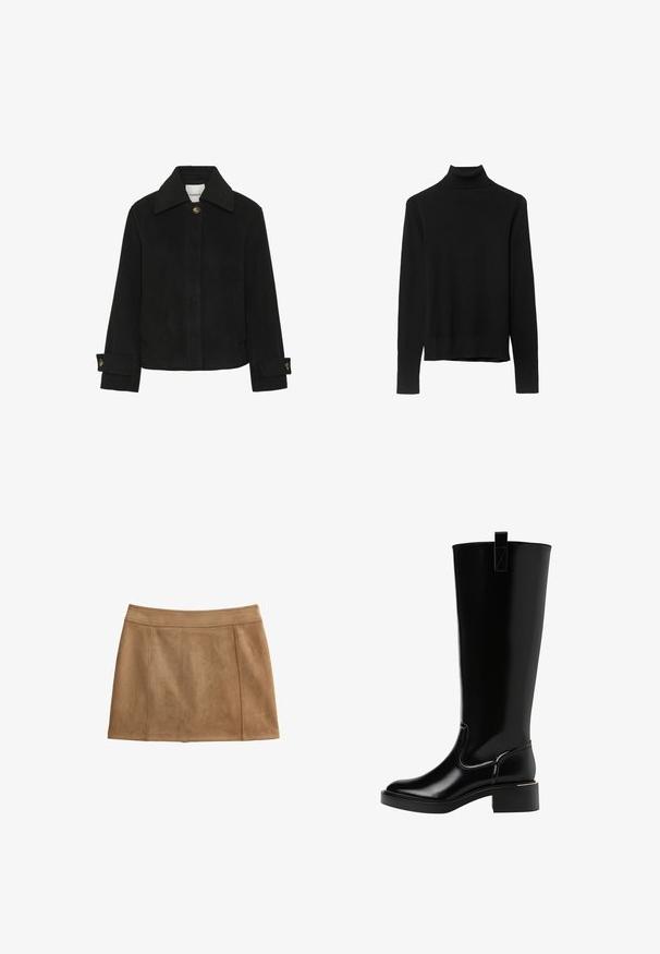 Giacca nera in morbido tessuto con colletto classico, chiusura a bottoni, tasche laterali e dettagli sui polsini con bottoni color oro.; Maglione a collo alto di colore nero realizzato in morbido tessuto a maglia. Presenta maniche lunghe e un design aderente con orlo diritto.; Gonna in suede marrone con una texture liscia, forma a trapezio e una cintura. Presenta cuciture ricamate per un tocco di dettaglio in più.; Stivali neri al ginocchio con finitura lucida, punta arrotondata, tacco basso e un nastro per aiutare a indossarli sul retro. Le cuciture evidenziano il design.