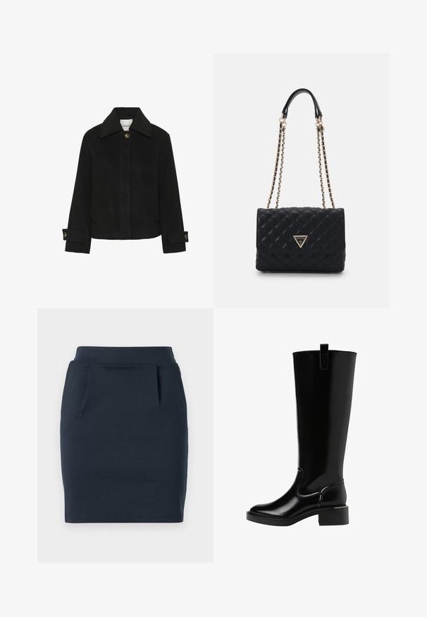 Černá bunda vyrobená z měkké látky, klasického střihu s límcem, zapínáním na knoflíky, postranními kapsami a detaily na manžetách se zlatými knoflíky.; Černý rolák z měkké pleteniny. Disponuje dlouhými rukávy a úzkým střihem se rovnými okraji.; Sukně z elastického jersey v námořnické modři s přiléhavým střihem, vybavená hladkým pasem a dvěma předními kapsami.; Černé kozačky po kolena s lesklým povrchem, kulatou špičkou, malým blokovým podpatkem a poutkem na zadní straně. Švy zdůrazňují design.; Černá prošívaná kabelka se zlatým trojúhelníkovým logem, s dvojitou řetízkovou rukovětí a hladkým koženým povrchem. Obdélníkový tvar s klopou.