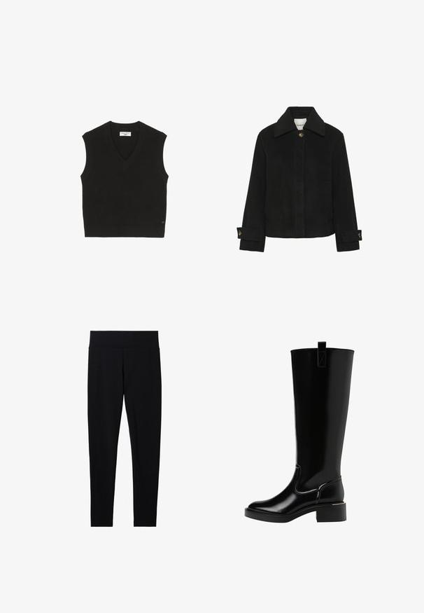 Schwarze Jacke aus weichem Stoff mit klassischem Kragen, Knopfverschluss, seitlichen Taschen und Ärmeldetails mit goldfarbenen Knöpfen.; Schwarzes gestricktes ärmelloses Top mit geripptem Muster, V-Ausschnitt und einem kleinen Markenlabel auf der Vorderseite.; Schwarze dehnbare Leggings mit einem breiten, weichen Taillenbund, die eine glatte Textur und eine figurbetonte Silhouette aufweisen, geeignet für verschiedene Aktivitäten.; Schwarze knielange Stiefel mit glänzender Oberfläche, runder Zehenform, kleinem Blockabsatz und einem Ziehschlaufe auf der Rückseite. Nahtdetails betonen das Design.