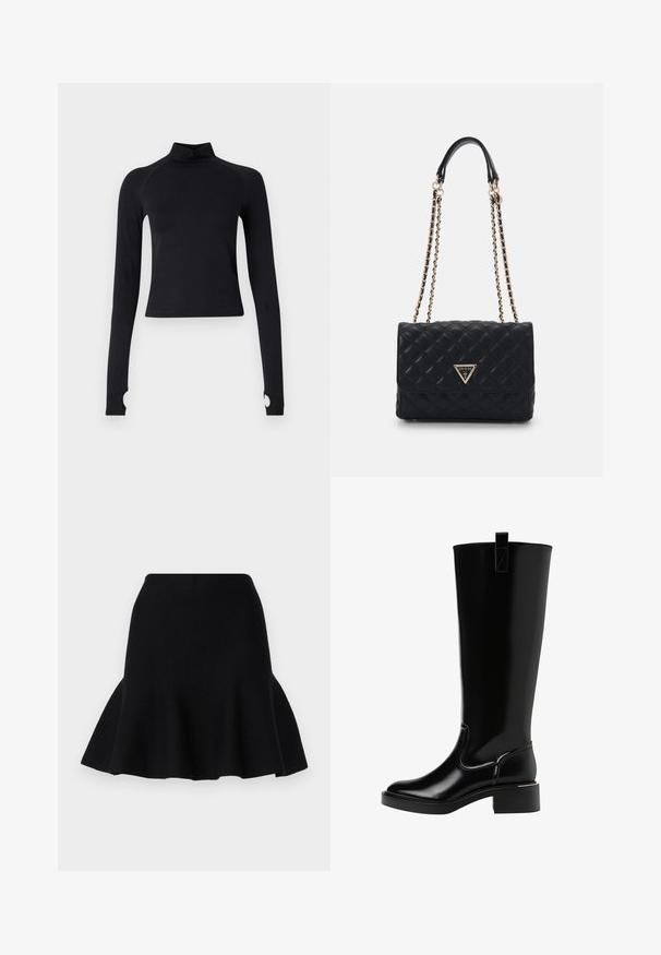 Czarna kurtka z miękkiego materiału, z klasycznym kołnierzem, zapinana na guziki z przodu, posiadająca boczne kieszenie oraz mankiety ozdobione guzikami w złotym odcieniu.; Czarna bluzka z kołnierzem typu turtleneck, wykonana z gładkiego materiału; ma długie, dopasowane rękawy z okrągłymi wycięciami w mankietach oraz prążkowaną teksturę u dołu.; Czarna spódnica w kształcie dzwonu wykonana z miękkiego materiału. Posiada dopasowaną talię i falistą linię dołu, tworzącą warstwowy efekt.; Czarne kozaki do kolan o błyszczącej powierzchni, zaokrąglonym nosku, małym obcasie blokowym i pętelce z tyłu. Szczegóły szwów podkreślają design.; Czarna pikowana torebka z logo w złotym trójkącie, z podwójnym łańcuchem i gładką skórzaną fakturą. Prostokątny kształt z klapką.