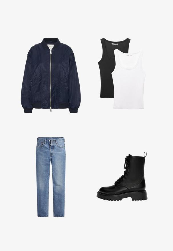 Granatowa kurtka bomberka z zapięciem na zamek, elastycznymi mankietami i prążkowanym kołnierzem. Gładki materiał przypominający satynę, z bocznymi kieszeniami i subtelnymi detalami przeszycia.; Dwie koszulki na ramiączkach przedstawione, jedna czarna, a druga biała. Obie mają prążkowaną fakturę, szerokie ramiączka i zaokrąglony dekolt.; Jasnoniebieskie jeansy denimowe o prostym kroju, z pięcioma kieszeniami i zapięciem na guziki. Charakteryzują się delikatnym wyblaknięciem oraz pomarańczowymi przeszyciami.; Czarne sznurowane botki za kostkę wykonane z syntetycznej skóry, z grubą podeszwą, pętelką do zakładania i wyraźnymi detalami przeszycia.