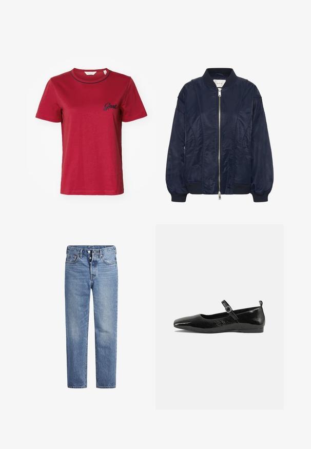 Granatowa kurtka bomberka z zapięciem na zamek, elastycznymi mankietami i prążkowanym kołnierzem. Gładki materiał przypominający satynę, z bocznymi kieszeniami i subtelnymi detalami przeszycia.; GANT - T-shirt z nadrukiem; Jasnoniebieskie jeansy denimowe o prostym kroju, z pięcioma kieszeniami i zapięciem na guziki. Charakteryzują się delikatnym wyblaknięciem oraz pomarańczowymi przeszyciami.; Czarne lakierowane baleriny z ostro zakończonym noskiem, paskiem na kostkę z klamrą oraz gładką, błyszczącą teksturą. Niski obcas dla wygody.