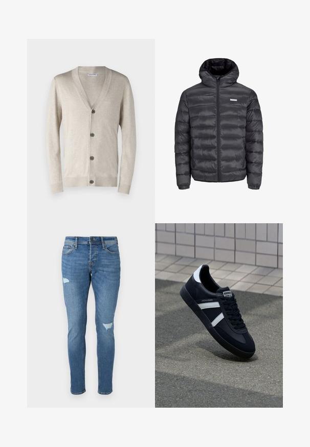 Czarna kurtka puchowa z kapturem, z poziomymi przeszyciami, suwakiem z przodu oraz dwoma zamykanymi bocznymi kieszeniami. Gładka tekstura.; Beżowy kardigan z dekoltem w serek, pięcioma ciemnymi guzikami z przodu, ściągaczami przy mankietach i u dołu. Wykonany z gładkiego, lekkiego materiału.; Dwa koszulki polo: jedna granatowa, a druga biała, obie z małym akcentem w kolorach czerwonym, białym i niebieskim na kieszeni na piersi oraz kołnierzyku.; Wycierane niebieskie dżinsy o slim fit, z przetarciami na kolanach, z zapięciem na guzik i pięcioma kieszeniami.; Czarne skórzane sneakersy z białymi paskami, teksturowana gumowa podeszwa i sznurowane z przodu. Posiadają metkę marki na języku.