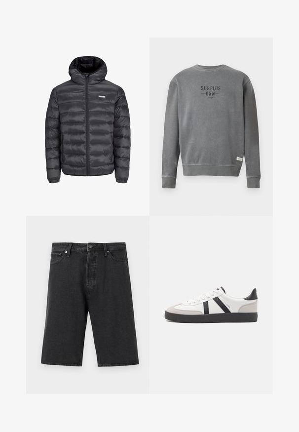 Musta puffatakki hupulla, jossa on vaakaompeleet, etuvetoketju ja kaksi vetoketjullista sivutaskua. Tasainen pinta.; Harmaa pitkähihaisuus crewneck-huppari, jossa rintapielessä mustalla printattuna "SURPLUS DNM" -teksti ja pieni valkoinen etiketti helman lähellä.; Mustat farkkushortsit suoran leikkauksen, viiden taskun standardisuunnittelun, napituskosketuksen ja teksturoidun kangaspinnan kanssa.; Valkoiset lenkkarit mustilla ja harmailla yksityiskohdilla, joissa on teksturoitu harmaa kärki, musta kumipohja ja litteät valkoiset nauhat. Siisti muotoilu, minimalistinen tyyli.