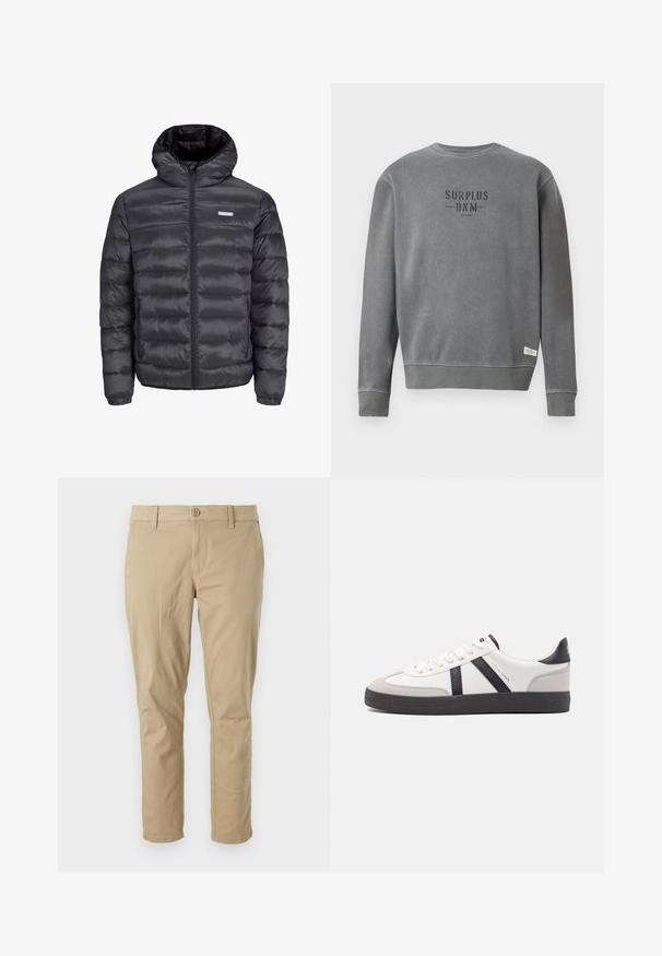 Must must jacket kapuutsiga, millel on horisontaalsed tikandid, ees tõmblukk ja kaks tõmblukuga külgetaskut. Sujuv tekstuur.; Hall koosvärvi pika varrukaga crewneck pluus, mille rinnal on musta värvi "SURPLUS DNM" tekst ja allääres väike valge silt.; Beige puuvillane twill püksid kitsas lõikes, millel on nupuga sulgemine, vööloopid ja sirged sääred. Sile tekstuur, ilma silmapaistvate mustriteta.; Valged tossud mustade ja hallide aktsentidega, tekstureeritud halli varbakattega, musta kummitald ja lamedad valged paelad. Puhtad jooned, minimalistlik stiil.