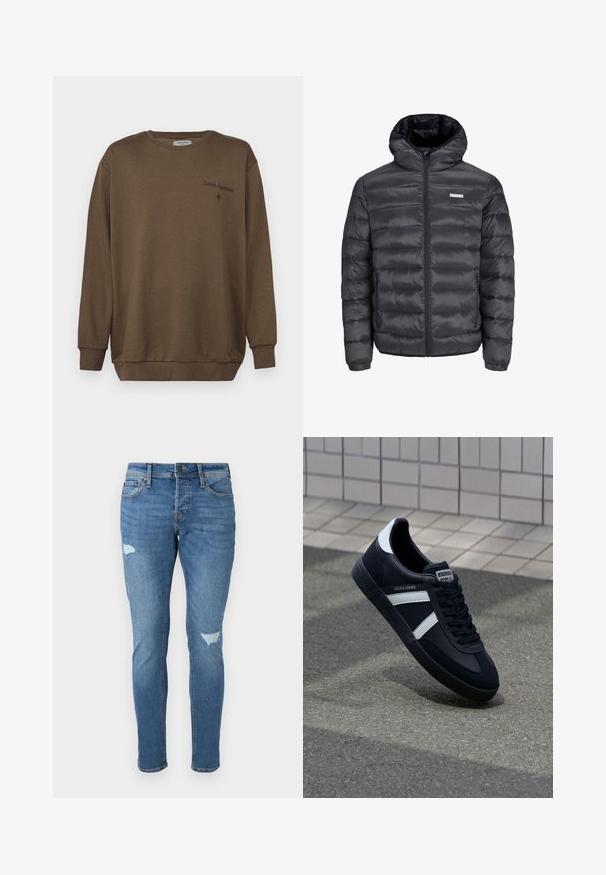 Svart puffjacka med huva, med horisontella quiltade sektioner, en framzipper och två sidofickor med dragkedja. Slät textur.; Brun bomullströja med rund halsringning, långa ärmar och ribbade muddkanter. Har broderad text "Lunar Hypnosis" och en liten stjärndetalj.; Bleka blå denimjeans med slim fit, featuring slitna områden vid knäna, knappstängning och femficksdesign.; Svart lädersneaker med vita ränder, texturerad gummisul, och snörning fram. Har en märkesskylt på tungan.