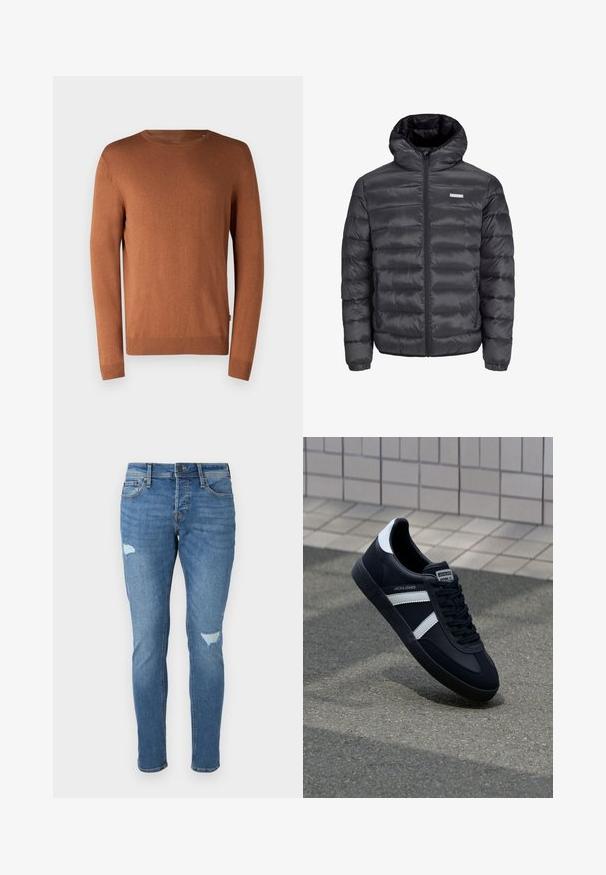 Juodas pūkuotas švarkas su gobtuvu, turintis horizontalius siūlus, priekinius užtrauktukus ir du užtrauktuku uždaromus šoninius kišenius. Lygus paviršius.; Rudas megztinis su apvalia iškirpte, ilgomis rankovėmis, įribuotais rankogaliais ir apatine dalimi, pasižymintis lygiu paviršiumi ir paprastu dizainu.; Išblukę mėlyni džinsai su siauru siluetu, turintys pažeistas vietas ant kelių, mygtuko uždarymą ir penkių kišenių dizainą.; Juodas odinis sportinis batelis su baltais dryžiais, tekstūruota gumine padais ir raišteliais priekyje. Yra prekės ženklą žymintis etiketė ant liežuvio.