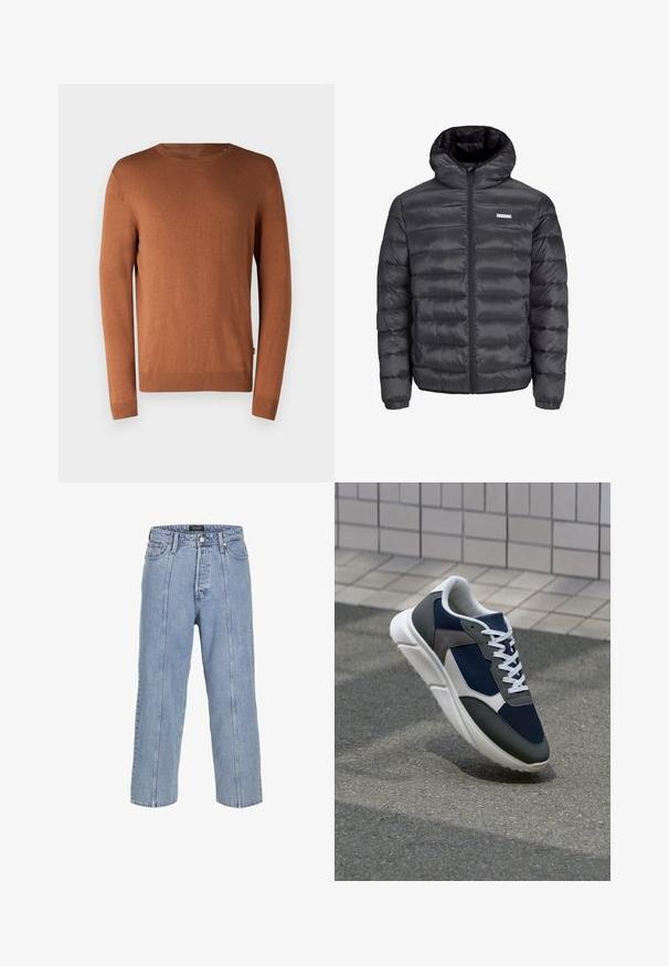 Zwarte gewatteerde jas met een capuchon, met horizontale quilted secties, een rits aan de voorkant en twee ritszakken aan de zijkant. Glad oppervlak.; Bruine gebreide trui met een ronde hals, lange mouwen, geribbelde manchetten en zoom, met een gladde textuur en een eenvoudig ontwerp.; Lichtblauwe denim jeans met een losse pasvorm, wijde benen en zichtbare stiksels. Voorzien van een knoop- en ritsluiting, vijf zakken.; Sneaker met een marineblauwe mesh bovenwerk, grijze suède accenten, witte rubberen zool en platte witte veters, ontworpen voor comfort en ademend vermogen.
