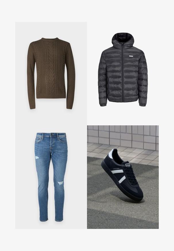Melnā pūkļu jaka ar kapuci, ar horizontāliem izšuvumiem, priekšējo rāvējslēdzēju un divām ar rāvējslēdzēju aizveramām sānu kabatām. Gluda tekstūra.; Brūns adīts džemperis ar teksturētu virvju rakstu, ribotiem piedurknēm un apaļu dekoltē. Audums izskatās biezs un silts.; Izbalējuši zili džinsi ar šauru piegriezumu, kas iekļauj izsistās zonas pie ceļgaliem, pogas aizdari un piecu kabatu dizainu.; Melnā ādas sporta apavi ar baltām svītrām, teksturēta gumijas zole un auklu aizdare. Iekļauj zīmola etiķeti uz mēles.