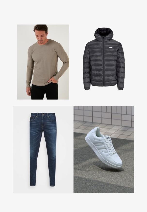 Czarna kurtka puchowa z kapturem, z poziomymi przeszyciami, suwakiem z przodu oraz dwoma zamykanymi bocznymi kieszeniami. Gładka tekstura.; Beżowa długosleeve'owa koszulka termiczna z teksturowanym prążkowanym wzorem, okrągłym dekoltem i dopasowanymi rękawami, w połączeniu z czarnymi spodniami.; Granatowe dżinsy o slim fit, delikatnym wyblaknięciu, pięciu kieszeniach i metalowym zapięciem. Haftowane akcenty w kontrastowym kolorze.; Białe sportowe trampki z gładkiej skóry, z zapięciem na sznurowadła, perforowanym noskiem i wzorzystą podeszwą. Minimalistyczny design z trzema paskami po bokach.