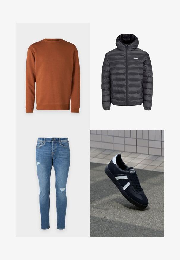 Black puffer jacket with a hood, featuring horizontal quilted sections, a front zipper, and two zippered side pockets. Smooth texture.; Jack & Jones JJEBRADLEY CREW - Sweatshirt - mocha bisque; Faded blue denim jeans with a slim fit, featuring distressed areas at the knees, a button closure, and five-pocket design.; Black leather sneaker with white stripes, textured rubber sole, and lace-up front. Features a branded label on the tongue.