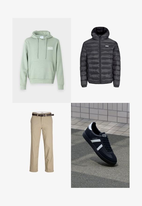 Chaqueta de plumas negra con capucha, que presenta secciones acolchadas horizontales, un cierre frontal de cremallera y dos bolsillos laterales con cremallera. Textura suave.; Jack & Jones JJECORP LOGO HOOD - Jersey con capucha - iceberg green; Pantalones de algodón beige de corte recto, con presillas para cinturón, un cinturón de cuero marrón y un diseño clásico. Textura suave y resistente.; Zapatilla de cuero negra con rayas blancas, suela de goma texturizada y parte frontal con cordones. Cuenta con una etiqueta de marca en la lengüeta.
