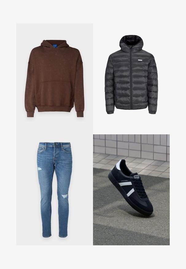 Svart puffjakke med hette, med horisontale kviltede seksjoner, en frontglidelås og to glidelåsede sidelommer. Jevn tekstur.; Brun hettegenser med frontlomme, snor i hetta og ribbestrikkede ermer. Stoffet har et teksturert, lett slitt utseende.; Falmede blå denimjeans med slim fit, med slitte områder ved knærne, knapplukking og fem-lomme-design.; Sorte lærersneaker med hvite striper, teksturert gummihæl og snøring foran. Har et merketikett på tungen.