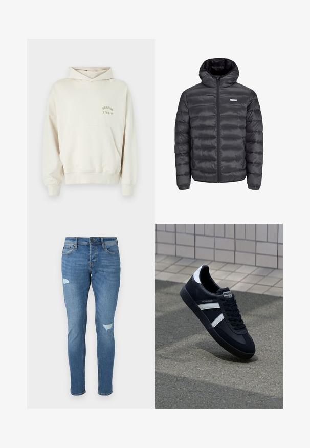 Čierna prešívaná bunda s kapucňou, s horizontálnymi prešívanými sekciami, predným zipsom a dvoma bočnými vreckami na zips. Hladká textura.; Krémová mikina s kapucňou, predným vreckom, rebrovanými manžetami a lemom. Na ľavej hrudi je zlatý nápis "ORIGINALS STUDIO".; Zosvetlené modré džíny s obtiahnutým strihom, so zničenými miestami na kolenách, so zapínaním na gombík a dizajnom s piatimi vreckami.; Čierne kožené tenisky s bielymi pruhmi, textúrovanou gumovou podrážkou a šnurovaním vpredu. Obsahujú označenie značky na jazyku.