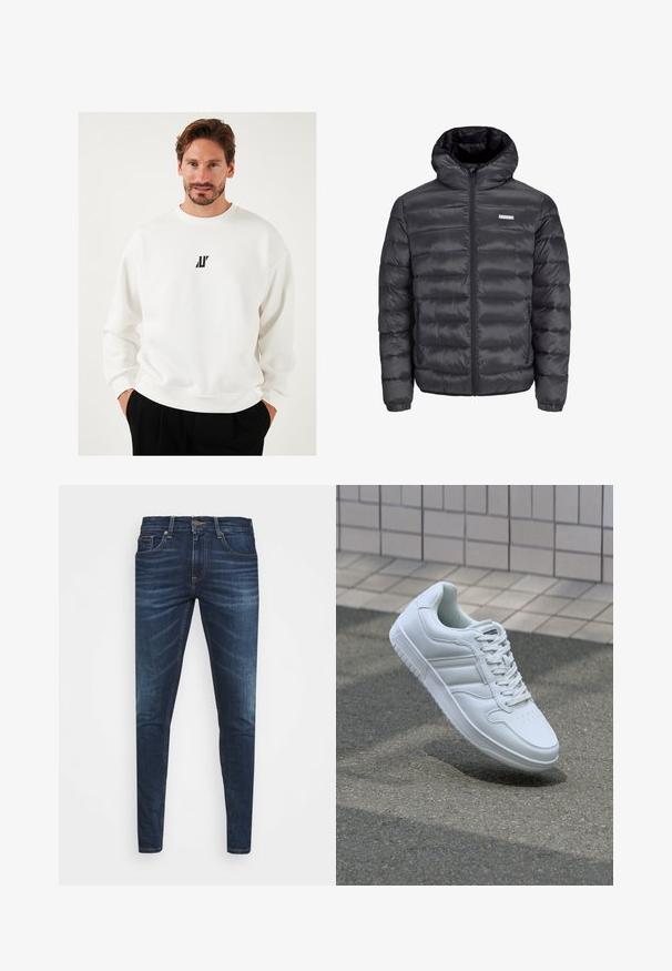 Sort pufferjakke med hætte, med vandrette quiltede sektioner, en frontlynlås og to lynlåsede sidelommer. Glat tekstur.; Hvid sweatshirt med et lille sort logo på brystet, rund halsudskæring og afslappet pasform, lavet af blødt materiale.; Mørkeblå denim jeans med slim fit, subtil falming, fem lommer og metalknaplukning. Syede detaljer i kontrastfarve.; Hvide atletiske sneakers med glat læderoverdel, snørelukning foran, perforeret tå og mønstret sål. Minimalistisk design med tre sidelister.