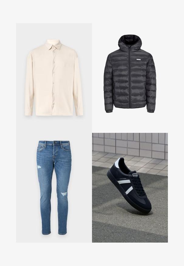 Černá péřová bunda s kapucí, obsahující vodorovně prošívané části, přední zip a dvě boční kapsy na zip. Hladká textura.; Hedvábná košile s dlouhým rukávem ve světle béžové barvě, s vertikálním žeberkovým vzorem, klasickým límečkem a předním zapínáním na knoflíky s odpovídajícími knoflíky.; Bledé modré džíny s úzkým střihem, které mají opranou úpravu na kolenou, zapínání na knoflík a design s pěti kapsami.; Černé kožené tenisky s bílými pruhy, texturovanou gumovou podrážkou a šněrováním vpředu. Obsahují značenou etiketu na jazyku.