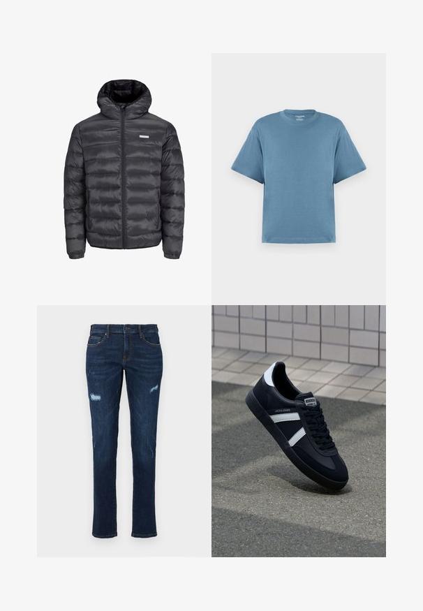 Melnā pūkļu jaka ar kapuci, ar horizontāliem izšuvumiem, priekšējo rāvējslēdzēju un divām ar rāvējslēdzēju aizveramām sānu kabatām. Gluda tekstūra.; Zila īsām piedurknēm T-kreklā, kas izgatavots no kokvilnas, ar apaļu kakla izgriezumu un brīvu piegriezumu. Gluda tekstūra, minimālistisks dizains, bez rakstiem vai akcentiem.; Tumši zili džinsu bikses ar taisnu griezumu, ar nolietotiem izgriezumiem pie ceļgaliem, tradicionālajām kabatām un redzamām kontrastējošām šuvēm.; Melnā ādas sporta apavi ar baltām svītrām, teksturēta gumijas zole un auklu aizdare. Iekļauj zīmola etiķeti uz mēles.