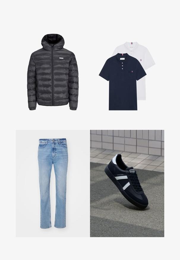 Črna napihnjena jakna s kapuco, ki ima vodoravne prešite odseke, sprednji zadrgo in dva stranska žepa z zadrgo. Gladka tekstura.; Dve polo majice: ena mornarsko modra in ena bela, obe z majhnim rdečim, belim in modrim poudarjanjem na žepu in ovratniku.; Svetlo modri kavbojki z ravnim krojem, petimi žepi, zapiranjem na gumb in rahlim zbledelostjo po vsej tkanini.; Črne usnjene superge z belimi črtami, teksturiran gumijast podplat in zavezovanje spredaj. Imajo označeno oznako na ježku.