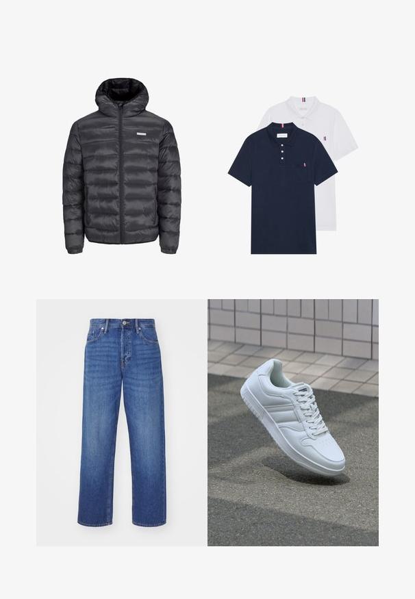fekete puffermellény kapucnival, vízszintesen steppelt részekkel, elülső cipzárral és két cipzáros oldalzsebbel. Simma textúra.; Két pólóing: az egyik sötétkék, a másik fehér, mindkettőn kicsi piros, fehér és kék díszítés található a mellzsebből és a galléron.; Kék farmernadrág, egyenes szárú kivitelben, öt zsebbel és elöl gombbal záródik. A szövet klasszikus mosást kapott, finom elhalványulásokkal.; Fehér sportcipő sima bőr felsőrésszel, fűzős elülettel, perforált orral és mintázott talppal. Minimalista dizájn három oldalsávval.